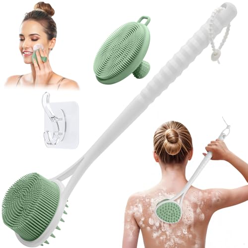 Silicone Back & Face Scrubber Set, 15.35’’ Soft Back Scrubber for Shower with Dual-Side Brush Head, Gentle Silicone Facial Scrubber Face Brush for Deep Lathering & Cleansing(Green-2PCS) - color: Green*2