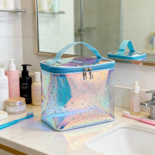 Holographic Star Print Pink Makeup Bag - Portable & Waterproof Barrel-Shaped Toiletry Bag, 8.27x6.7x6.3in Cosmetic Case for Women & Men (Blue Star) - color: Holographic Blue