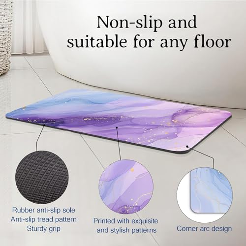 Elightvap Purple Golden Marble Bathroom Mat Quick Drying Non Slip Bath Mats Absorbent,Bath Mat Quick Dry Bathroom Rug in Front of The Kitchen Sink, Shower Room, Bathtub,17 * 29.5 Inches - color: Purple Golden Marble