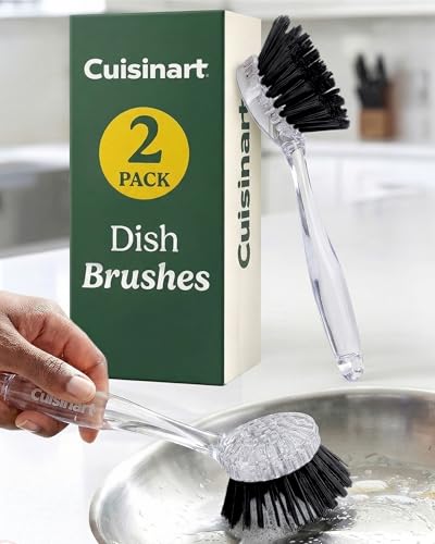 Cuisinart Dish Brush with Handle, 2 Pack, Firm Bristles | Multi-purpose dish scrubber for plates, pots, and pans, deep cleaning removes grease, safe for nonstick, round head - color: Round- Black