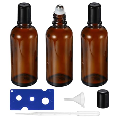 100ML Roller Bottles for Essential Oil, 3 Pack Empty Amber Glass Roller Bottle for Perfume Oil, Roll on Bottles with Stainless Steel Roller Balls, Opener, Funnel and Dropper - size: 100ml_3pcs