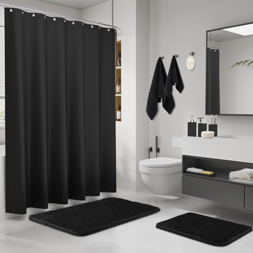 Black Bathroom Set,Black Bathroom Accessories Set with Shower Curtain and Rugs, Bath Towel Set, Natural Loofah Sponge, Soap Dispenser, Toothbrush Holder, Bathroom Tumbler and Tray for Bathroom - size: Bath Set+Shower Curtain+Rugs+Towel Set+2PCS Loofah, st