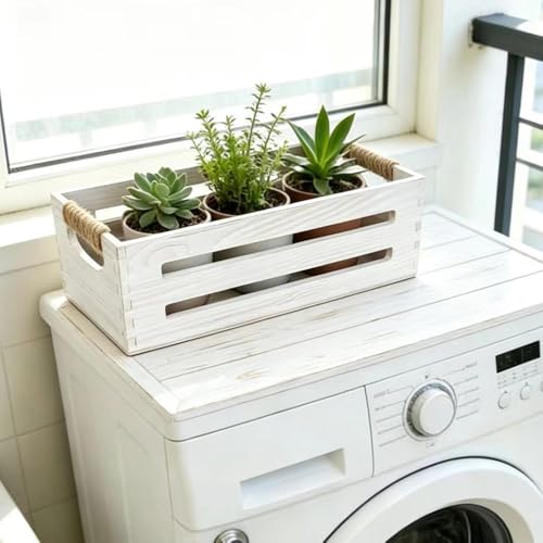 2Pack Wooden Bathroom Storage Crates with Rope Handles - Rustic Farmhouse Toilet Tank Topper Organizer Bin for Toilet Paper, Bathroom Decor, Kitchen Countertop & Home Organization (Distress White) - color: Distress White