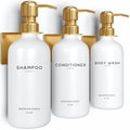 Luxury Shampoo and Conditioner Dispenser Set Wall Mounted by Brighter Barns - Refillable Shampoo and Conditioner Bottles - Shower Dispenser 3 Chamber No Drill - White and Gold Bathroom Decor (Gold) - color: Modern (Gold)