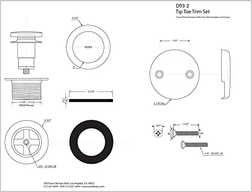 Westbrass D93-2-07 1-1/2" Tip-Toe Bathtub Drain Plug Trim Set with Two-Hole Overflow Faceplate, 1-Pack, Satin Nickel - color: Satin Nickel, size: 1 Pack