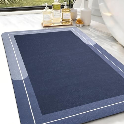 Large Bath Mat Rug, Rubber Non Slip Bath Mat Super Absorbent Quick Dry Bathroom Floor Mat Thin Bathroom Rugs Fit Under Door-Shower Rug for in Front of Bathtub Shower, Blue, Easy to clean, 23.6"x35.4" - color: Blue, size: 23.6"x35.4"