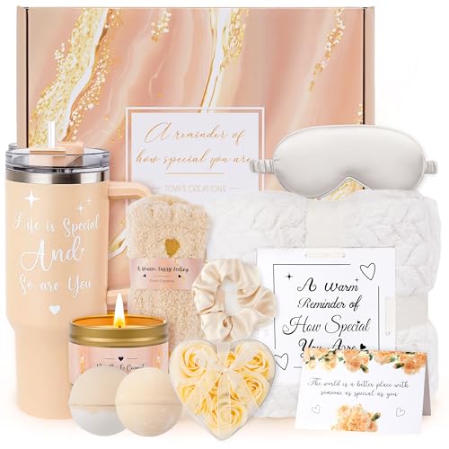 Mothers Day & Birthday Gifts for Women - Tova's Creations 13-Piece Vanilla Coconut Spa Gift Basket with 40 OZ Tumbler & Luxury Flannel Blanket for Mom, Wife, Grandma - color: Tan
