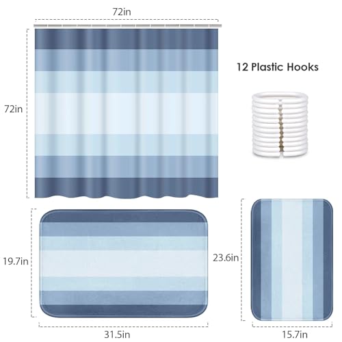 ArtSocket Blue Coastal Ombre Bathroom Set with Shower Curtain and Bath Rugs and Accessories, Striped Nautical Modern Non-Slip 3 Piece Set, 72"L x 72"W Curtain with 23.6"L x 15.7"W + 19.7"x 31.5" Rugs - color: Blue Ombre