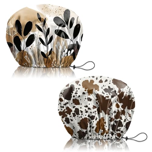 2 PCS Shower Cap Reusable Waterproof Adjustable Double Layer Elastic Dry Hair Bathing Caps Aesthetic Cute for Women Girls-Leaf Cowhide - color: H-17-Leaf Cowhide
