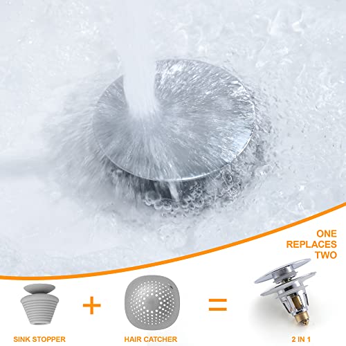 Universal Bathroom Sink Stopper, 1.1~1.5" Sink Drain Stopper, Full Size Bounce Bullet Type Pop Up Basin Drain Strainer, Chrome Anti-Clogging Sink Drain Filter with Hair Catcher (Silver) - color: Chrome, style: Large Lid