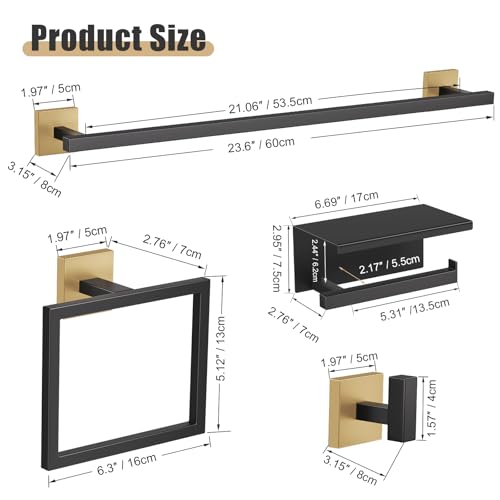 YACVCL 5-Pieces Black and Gold Bathroom Hardware Accessories Set Stainless Steel Bathroom Towel Bar Set Towel Holder Set for Bathroom,Upgraded Toilet Paper Holder with Shelf,Wall Mounted 23.6" - color: Black&gold, size: 5Pcs