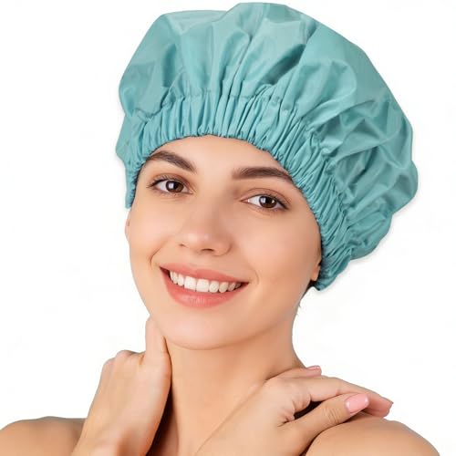 Reusable Shower Cap for Women – Large Waterproof Satin Shower Bonnet for Long, Curly & Braided Hair, Washable Bath Hair Cover, Aqua - color: Aqua