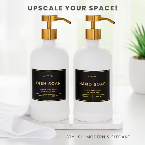 Verute Waterproof Labels for Amber Glass Soap Dispenser and Plastic Bottles 3.15"x2.35" Peel & Stick - Kitchen, Bathroom & Shower Set - 21 Pieces (Gold Set) - color: Gold Set