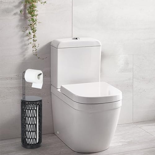 Black Freestanding Toilet Paper Holder with Storage,3 Rolls of Tissue Holder for Bathroom,Handmade Woven Toilet Paper Roll Holder Stand,Rattan Sturdy Boho Bathroom - color: Black