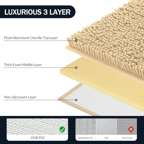 LINLA 3 Pieces Bathroom Rug Set, Absorbent Non Slip Chenille Bath mat, Thick Plush Chenille Carpet Mats Set,Washable Dry Quickly with U-Shaped Toilet Mat for Tub, Shower（Beige） - color: Beige