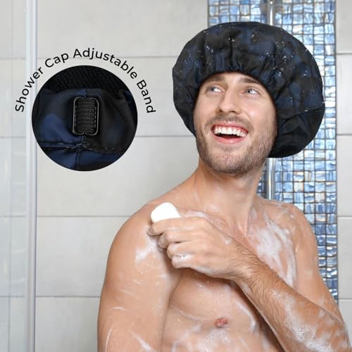 Shower Cap for Men Blue Camouflage Bath Cap, Reversible Large Waterproof Adjustable Shower Caps Terry Lining & Elastic Band Stretch Hem Hair Hat - color: Blue Camouflage