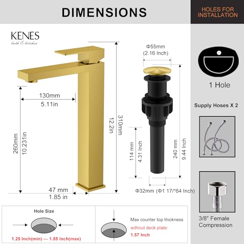 KENES Brushed Gold Tall Bathroom Faucet, Single Handle Vessel Sink Faucet Gold Vanity Bathroom Faucet with Supply Lines and Pop Up Sink Drain, LJ-9031A-4 - color: Gold, size: Tall