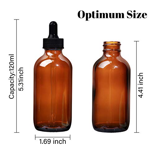 12 Pack 4oz Amber Glass Bottles with Glass Eye Droppers for Essential Oils, Perfumes & Lab Chemicals (1 Brush, 2 Funnels, 2 Extra Droppers, 24 Pieces Labels & 30ml Measuring Cup Included) - color: Amber