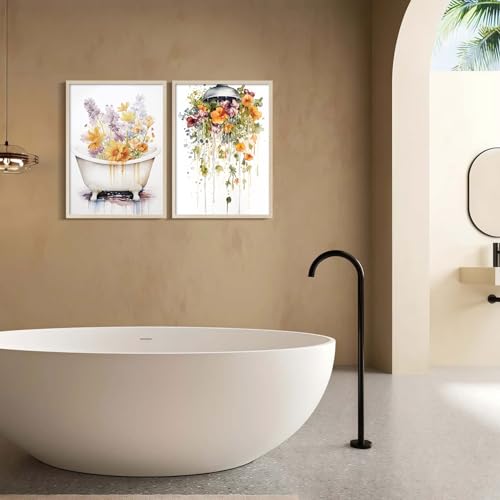 2Pcs Framed Bathtub and Shower Flower Canvas Wall Art Modern Gallery Prints Bathroom Wall Decor Pictures Floral Poster Artwork Living Room Bathroom Apartment 16X24 Inch Ready to Hang - color: Colorful Bathtub and Shower Flower, size: 16L" x 24W"
