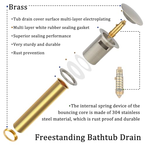 Free Standing Tub Drain Kit, Freestanding Tub Drain, Pop-Up Freestanding Bathtub Drain Stopper, Compatible with Freestanding Bathtub Drain Rough-in Kit (Brushed Nickel) - color: Brushed Nickel