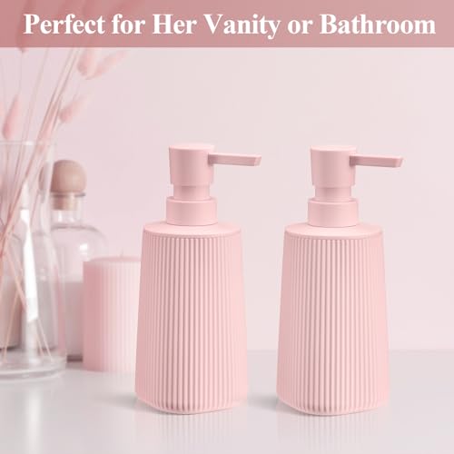Pink 2 Pack Hand Soap Dispensers Set with No Rust Pump for Bathroom Kitchen or Vanity Countertops Refillable Striped Matte Plastic 8.5 oz Cute Design for Girls Room Decor - color: Pink Set of 2