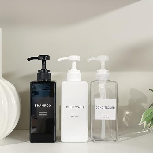 Shampoo and Conditioner Dispenser, Refillable Plastic Shampoo Pump Bottles with Waterproof Labels, Empty Body Wash Dispenser Set for Bathroom, Shower Soap Bottles (Clear, Set of 3, 16.9oz) - color: Clear