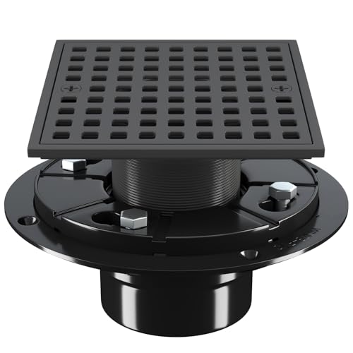 4 Inch Shower Floor Drain with Flange - Square Shower Drain with Hair Strainer - Removable Grid Strainer Cover - SUS304 Stainless Steel - Matte Black - color: Matte Black