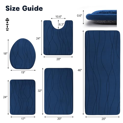 YIHOUSE Bathroom Rugs Set 5 Piece, Memory Foam Bath Mat Navy Blue | Ultra Soft, Absorbent, Non-Slip, Machine Washable, for Bathroom, Sink and Toilet - color: Dark Blue, size: 3'10" x 1'8" (Rectangular)