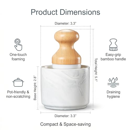 ONEMORE Bamboo Dish Brush with Ceramic Foaming Base, Kitchen Sink Scrub Brush Set with Spring and Mesh Insert, Wooden Handle Dishwashing Brush for Pots Pans Plates Bowls, Marble - color: Marble