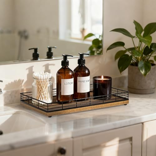 Bathroom Vanity Tray, 13" x 8" Acacia Decorative Wooden Tray for Countertop | Large Bathroom Vanity Organizer, Wood Tray for Perfume, Skincare Accessories Storage, Vanity Dresser Decor, Black & Acacia - color: Acacia, size: 13" x 8" x 2"