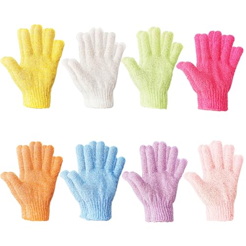 8-Piece Colorful Exfoliating Gloves, 5-Finger Bath Scrubbers for Deep Cleansing, Dual-Textured Shower Mitts for Body & Back