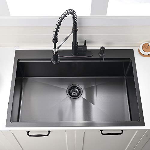 33 Inch Black Drop In Kitchen Sink Workstation - VOKIM 33x22-Inch Drop In Sink Stainless Steel Top Mount 16 Gauge Single Bowl 10'' Deep Handmade Kitchen sink with Cutting Board& Strainer - color: Black, size: 33"L x 22"W x 10"D