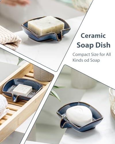 Ceramic Soap Dish, Bar Soap Holder with Drain Spout Self Draining Soap Saver for Shower Bathroom Kitchen Sink Bathtub, Keep Drying, Blue - color: Blue, size: Rectangular