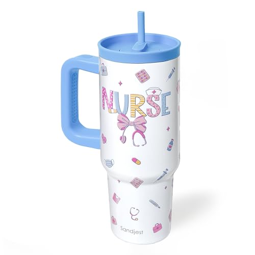 SANDJEST Nurse Stainless Steel Locking Lid Silicone Straw Tumbler with Handle 40oz, Insulated Stainless Steel Travel Cup for Women Girls Friends, Gift Idea for Birthday Christmas Nurse Week - color: Nurse
