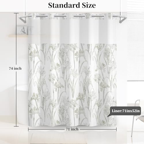 No Hook Floral Shower Curtain with Snap in Fabric Liner, Botanical Shower Curtains for Farmhouse Bathroom, Mesh Top Window and Waterproof Washable, 71x74 Inch - color: Botanical-b