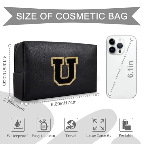 Personalized Initial A-Z Preppy Patch Makeup Bag,Small PU Chenille Letter Cosmetic Bag with Zipper for Teen Girls,Black Cute Toiletry Organizer Bag,Monogram Makeup Case Gift for Women Girls,Letter U - color: Black,Black-Letter, size: U