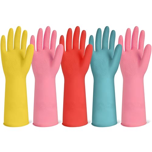Xgunion Rubber Cleaning Gloves for Dishwashing-5 Pairs Colorful Reusable Household Cleaning Glove for Washing Dishes and Kitchen Cleaning Non-Slip Grip Dish Gloves for Women Men (Large) - size: Large