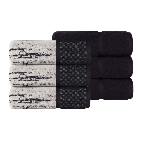 Superior Cotton Bathroom Towel Set, Plush Absorbent, 6 Piece, Black Ivory | Soft Quick Dry, Jacquard & Solid Pattern Assorted Towels, 6 Hand Towels for Bathroom Vanity and Counters, Lodie Collection - color: Black-ivory, size: Hand Towel 6 - Pack (Jacquar