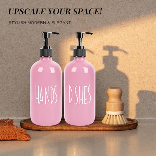 Glass Soap Dispenser with Plastic Pump for Kitchen - 16 OZ Glass Hand Soap Dispenser Set - Kitchen, Bathroom for Decor and Accessories (Pink) - color: Pink