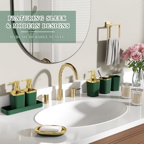 Bathroom Set - 26PC Bathroom Sets with Shower Curtain and Rugs, Bathroom Accessory Set, Green Bathroom Set, Elegant Bathroom Accessories Set, Shower Curtain Set, Trash Can & Soap Dispensers - color: Dark Green & Gold, size: Bath Set+Shower Curtain+Bath Ru