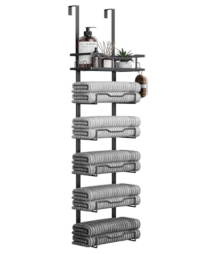 Aetyord Hanging Towel Racks for Bathroom No Drill - 6-Tier Over The Door Bath Towel Storage Organizer for Small Bathrooms - Tiered Back of Door Towel Holder Hanger for Rolled Towels RV Camper Black - color: Black, size: 6 tier