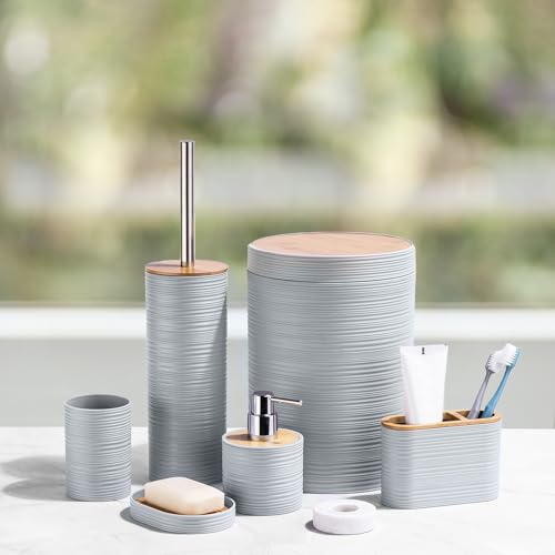 CERBIOR Bathroom Accessories Set 6 Piece Bamboo Bath Ensemble Includes Soap Dispenser, Toothbrush Holder, Toothbrush Cup, Soap Dish for Decorative Countertop and Housewarming Gift, Sriral Grey - style: Grey