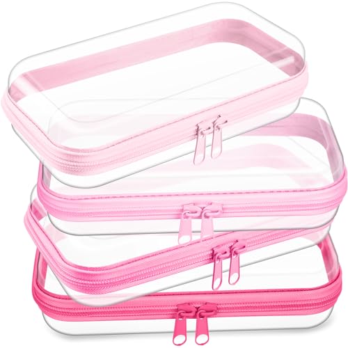 Hoolerry 4 Pcs Hard Clear Zipper Case Makeup Bags Plastic Zipper Pouch Transparent Storage Box Containers for Cosmetics, Snacks, Building Blocks, Puzzles(Clear,7.5 x 3.9 x 2 in,Pink) - color: Pink, size: 7.5 x 3.9 x 2 in
