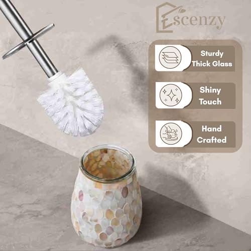 Escenzy Natural Shell Toilet Brush and Holder Set – Handcrafted Mother of Pearl Mosaic Glass Holder, 304 Rust-Resistant Stainless Steel Toilet Bowl Brush – Decorative Luxury Coastal Bathroom Accessory - color: Natural Shell