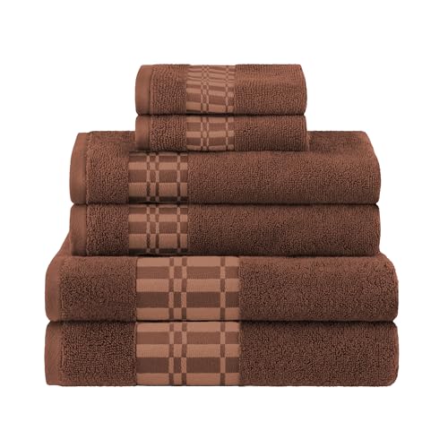 Superior 6-Piece Cotton Towel Set, Geometric Design, Dobby Border, Plush Quick Dry Towels, Decorative Bathroom, Spa, Includes 2 Bath, 2 Hand, 2 Face Towels/ Washcloth, Larissa Collection, Chocolate - color: Chocolate, size: 6 Piece Towel Set