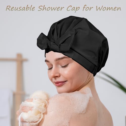 Shower Cap for Women Reusable Waterproof, Large Satin Shower Bonnet, Washable Bath Hat for Long Hair, Braids, Curly Hair, Pink + Black - color: Black + Pink