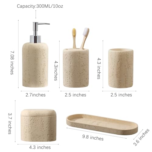 Bathroom Accessories Set, 5PCS, Travertine Stone Look, Yellow | Modern Bathroom Accessory Set with 13.53OZ Soap Dispenser, Mouthwash Cup, Toothbrush Holder, Qtip Holder, Vanity Tray - color: Yellow