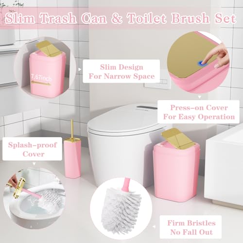 Bathroom Set - 11PC Bathroom Accessory Set, Bathroom Accessories Set, Pink Bathroom Set, Push-lid Trash Can, 3PC Soap Dispensers, Toilet Brush & Q-tip Holders - color: Light Pink & Gold, size: Bath Set