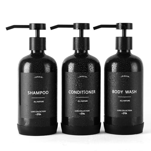Shampoo and Conditioner Dispenser Set of 3,Refillable 21oz Shampoo Bottles with Non-Slip Protective Silicone Pad,Shower Soap Dispenser with Waterproof Labels for Bathroom (Black) - color: Black Bottles +Black Pumps