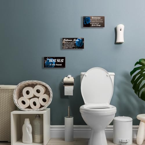 DONFENTHY 3 Pcs Blue Bathroom Rules Decor Blue Bathroom Decor Rustic Farmhouse Wooden Best Seat in The House Blue Rose Hanging Wall Art Blue Bathroom Accessories for Bathroom Toilet Decor(Blue10x5") - color: Blue Rose